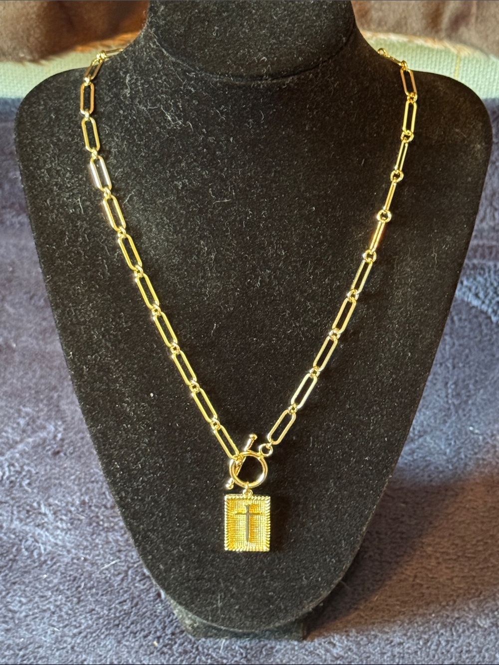 Gold Tone Link Chain Necklace with Cross Locket - Women Jewelry